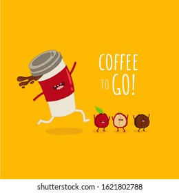 Coffee, cup, paper coffee cup, coffee to go, coffee bean. Fanny image. Vector illustration. Use for card, poster, banner, web design and print on t-shirt. Easy to edit.