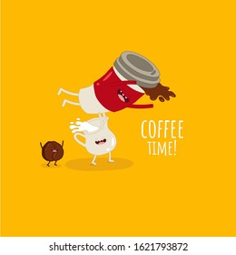 Coffee, cup, paper coffee cup, milk, to go, coffee time, coffee take away. Fanny image. Vector illustration. Use for card, poster, banner, web design and print on t-shirt. Easy to edit.