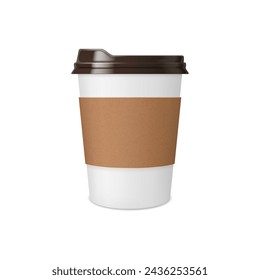 Coffee cup of paper or mug cardboard realistic mockup, vector plastic package with lid. Disposable takeaway coffee cup or white mug for hot drinks with brown plastic sip lid and carton holder