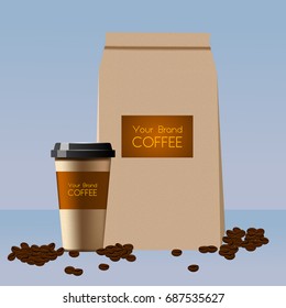 Coffee cup and paper packing with coffee beans 3D template design for product package with space for brand or company name on brown label. Vector illustration for cafe or coffeehouse