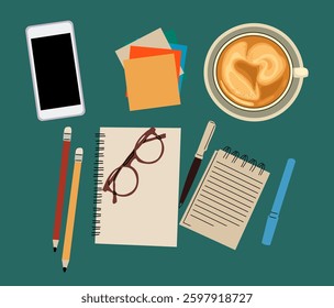 Coffee cup, paper sheets with smartphone, notes, top view. Writing letter, pens, pencils and cappuccino. Latte and documents, creative workplace. Flat vector illustration