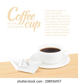 Coffee cup with paper ship over wooden table. Vector illustration.