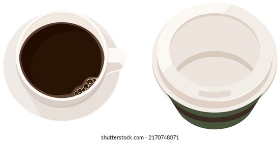 Coffee in a coffee cup and coffee in a paper cup. Vector illustration.