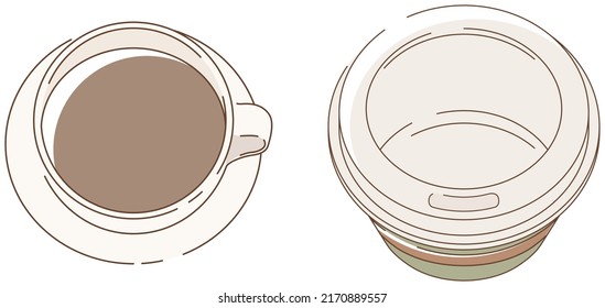 Coffee in a coffee cup and coffee in a paper cup. Vector illustration.