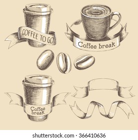 Coffee. Cup and paper cup. Vintage Ribbons