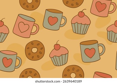 Coffee cup and pastries illustration, seamless pattern, suitable for fashion design, decoration, fabric, wallpaper and printing on  light brow background.