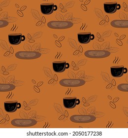 coffee cup patern with saucer and coffee leaves on brown background, beautiful pattern with brown dishes and plants and splashes