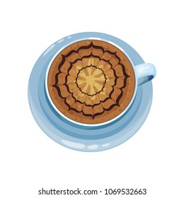 Coffee cup with pattern design on top, drawings on coffee crema vector Illustration on a white background