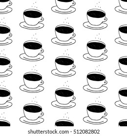 Coffee cup pattern with hand drawn coffee cups. Cute vector black and white coffee cup pattern. Seamless monochrome coffee cup pattern for fabric, wallpapers, wrapping paper, cards and web background.