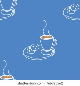 Coffee cup pattern seamless. Vector illustration on blue background. 
