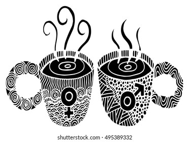 Coffee cup pattern with symbol male and female vector illustration