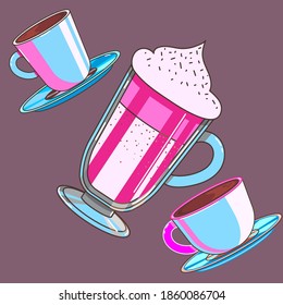 Coffee cup, pattern vector, latte and black coffee, little cups and big 
