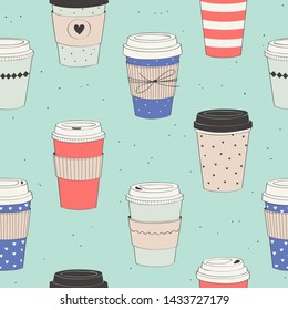 Coffee cup pattern. Vector seamless pattern with various disposable cups of coffee to go. Hand drawn doodle background.