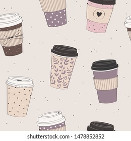 Coffee cup pattern. Vector seamless pattern with various disposable cups of coffee to go. Hand drawn doodle background