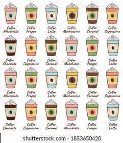Coffee cup pattern. Vector seamless pattern with various disposable cups of coffee to go. Hand drawn doodle background