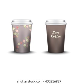 Coffee Cup With Patterns Template. Vector Illustration. Takeaway coffee cup set, Mockup isolated on white background. Packaging collection. shabby chic swatch inside. brown color