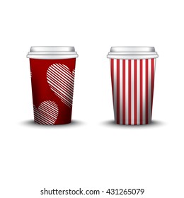Coffee Cup With Patterns Template. Vector Illustration. Takeaway coffee cup set, Mockup isolated on white background. Packaging collection. red color. stripe swatch inside. hearts