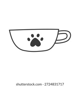 Taza de café con el icono de la impresión de la pata. Huella de mascota decorada con taza de bebida caliente dibujada en estilo de línea de tinta negra. Dibujado a mano ilustraciones de boceto para la decoración de la cafetería, elemento de bebida de Vector