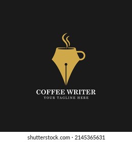 coffee cup and pen writer cafe vector logo design