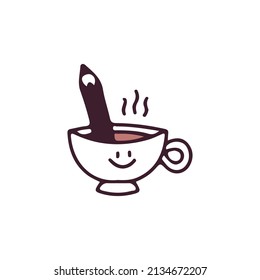 Coffee cup and pencil, illustration for t-shirt, street wear, sticker, or apparel merchandise. With retro, and cartoon style.