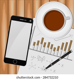 Coffee cup, and the phone over papers with numbers and charts. View from above.