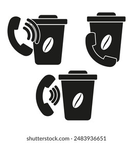 Coffee cup phone. Silhouette black icon. Communication concept. Vector illustration.