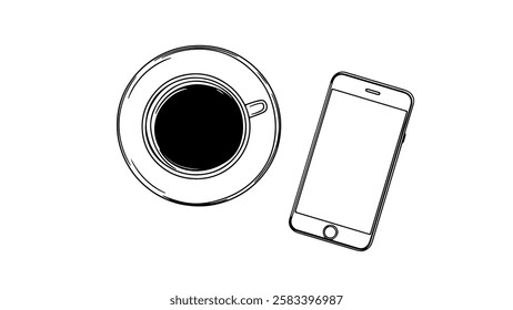 Coffee cup phone sketch. Simple line art design. Perfect for mobile app design or website illustrations. Black and white minimalist style, top view