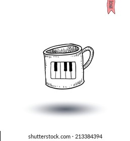 Coffee cup with piano icon, hand drawn illustration.