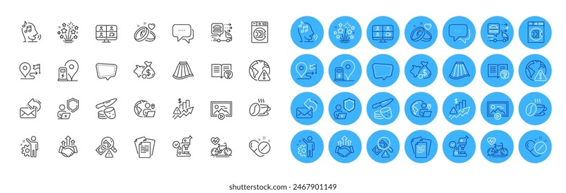 Coffee cup, Piggy bank and Cardio bike line icons pack. Employee, Deal, Voicemail web icon. Medical pills, Message, Fireworks stars pictogram. Outsource work, Food delivery, Charging station. Vector