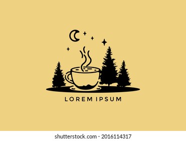 coffee cup and pine trees line art design