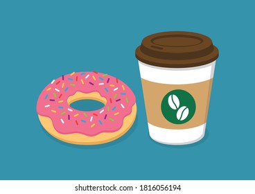 Coffee cup and pink donut, Morning breakfast, Vector template illustration
