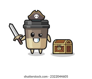 the coffee cup pirate character holding sword beside a treasure box , cute style design for t shirt, sticker, logo element