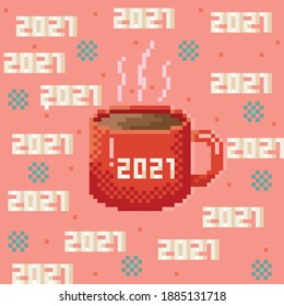 Coffee cup pixel art. Vector picture. Happy new year 2021. 