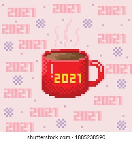 Pixelkunst des Kaffeetassen. Vektorbild. Frohes neues Jahr 2021. 