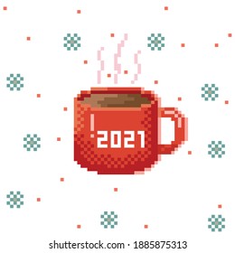 Coffee cup pixel art. Vector picture. Happy new year 2021.  - Powered by Shutterstock - Get 15% off with code: PIKWIZARD15