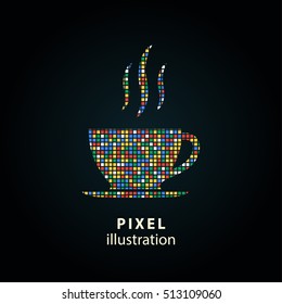 Coffee cup - pixel icon. Vector Illustration. Design logo element. Isolated on black background. It is easy to change to any color.