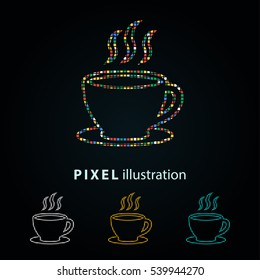 Coffee cup - pixel icon. Vector Illustration. Design logo element. Isolated on black background.