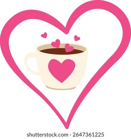 Coffee cup placed inside a large pink heart frame, symbolizing deep love and warmth—perfect for Valentine’s Day or romantic themed art.