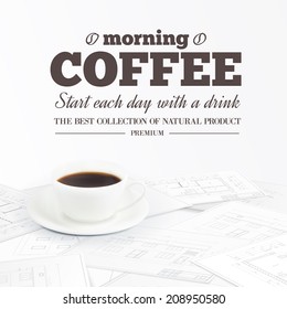 Coffee cup placed over blueprints sketches. Vector illustration.