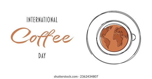 Kaffeetasse mit Erde im Doodle-Stil. Internationaler Kaffeetag-Hintergrund. Geeignet für Banner, Grußkarten, Poster, Logo, Icon oder Vorlage. Horizontaler Banner.