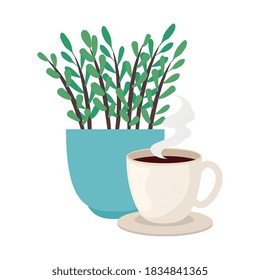 coffee cup with plant inside pot design of drink caffeine breakfast and beverage theme Vector illustration