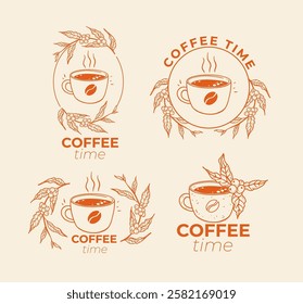 Coffee cup with plant, logo, emblem design    vector illustration