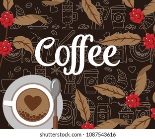 Coffee cup and coffee plants, top view. Coffee break vector illustration. Flat modern vector for coffee shop. Colorful template for your design. Symbol for websites and print media.
