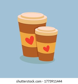 Coffee taza con tapa de plástico y corazones ilustraciones vectoriales en un estilo plano.
