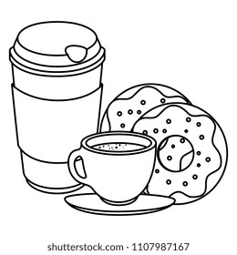 coffee cup and plastic container with sweet donuts