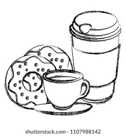 coffee cup and plastic container with sweet donuts