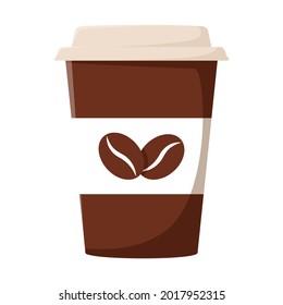 Coffee in a cup with a plastic lid. A hot drink. Fast street food. Flat cartoon style, isolated on a white background. Color vector illustration.