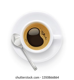Coffee cup and plate. Aromatic drink for breakfast. Beverage mug for cappuccino, americano, latte. Isolated white background. Eps10 vector illustration.