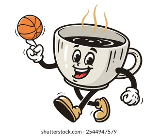 Taça de café jogando basquete, Desenho Animado Mascote Ilustração Personagem Vetor Retro Vintage Clip-art Desenhado à mão Logo Design