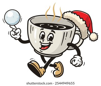 Coffee Cup is playing snowballs and wearing a christmas hat
, Cartoon Mascot Illustration Character Vector Retro Vintage Clip-art Hand-drawn Logo Design